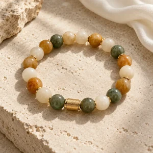 Concept illustration: ivory and warm ochre bead bracelet with one restrained gold tone cylindrical accent, Earth inspired. Not an actual product photograph.