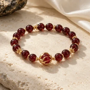 Concept illustration: warm garnet red bead bracelet with fine gold tone accent, inner flame inspired. Not an actual product photograph.